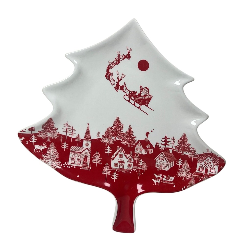 Transpac Christmas Tree Plate Santa Sleigh Red‎ Holiday Decor TREE SHAPE